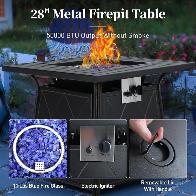 SUNSHINE VALLEY 5 Piece Metal Outdoor Patio Furniture Set with Fire Pit Table, Patio Conversation Sets 4 Rocking Chairs with 5.75" Thick Cushion and 5000 BTU Fire Pit Table, Backyard Furniture, Blue