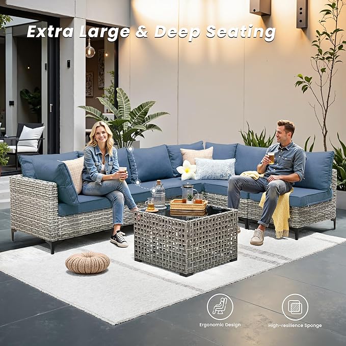 Outdoor Patio Furniture Sets, 8 PCS Patio Conversation Set Outside Rattan Sectional Sofa with Wicker Rocking Chairs Coffee Table Soft Cushion Fit Backyard Porch Garden Poolside Balcony