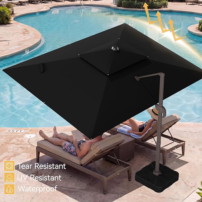 10x13 FT Patio Umbrella with Base, Large Cantilever Rectangular Double Top Heavy Duty Offset Umbrellas with 360° Rotation, Outdoor shade for Garden Deck Pool Patio, Black