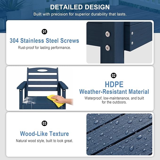 Domi HDPE Outdoor Dining Set, All-Weather Outdoor Dining Table Set of 3 with 2" Umbrella Hole, Outdoor Patio Dining Set for Garden, Poolside, Backyard, Deck, Blue