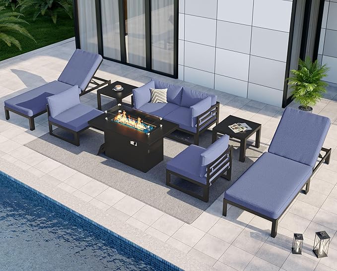 NICESOUL 9 Pcs Aluminum Patio Sectional Furniture Set with Lounger & Fire Pit Table, 500 lbs Heavy Duty Anti-Rust Outdoor Couch, 29" Deep Wide Seat, High End Conversation Sofa for Poolside, Denim Blue