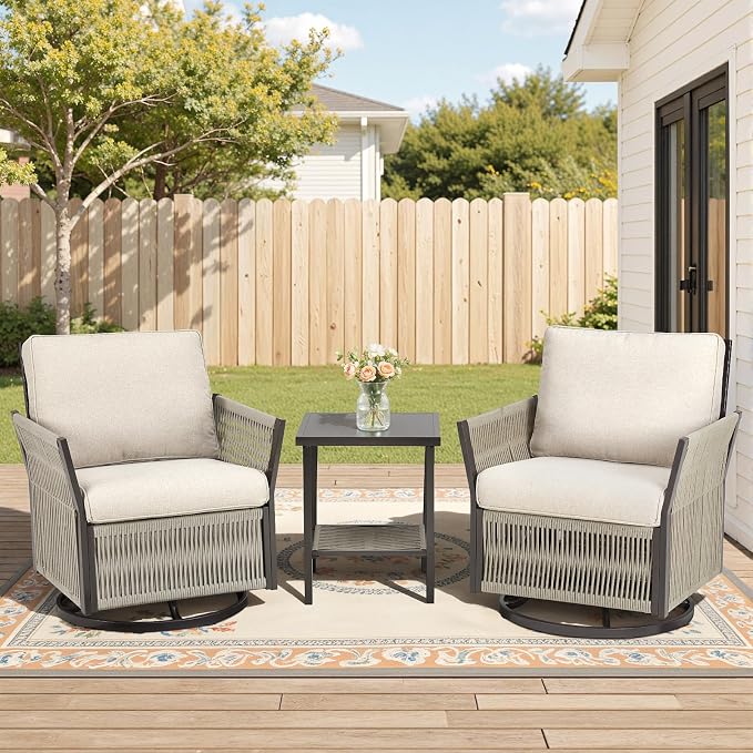 Patio Furniture Set Outdoor/Indoor, Wicker Patio Sofa, 3pcs Furniture Set with Swivel Rocker Chairs and Side Table for Backyard, Garden, Poolside(Beige)