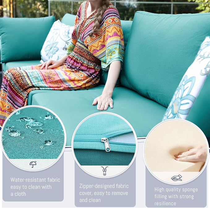 BULEXYARD 9 Piece High Back Outdoor Sectional Seating with Fire Pit Table, Heavy Duty Sturdy Wicker Patio Set Conversation Couch Sofa, Extra Wide Deep Large 8-Person Deck Furniture Set, Grey & Teal