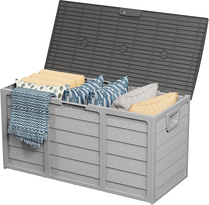 Crownland Outdoor 75 Gallon Storage Deck Box, Weatherproof Woodgrain Patio Storage Box for Balcony, Garden, Backyard (Grey)
