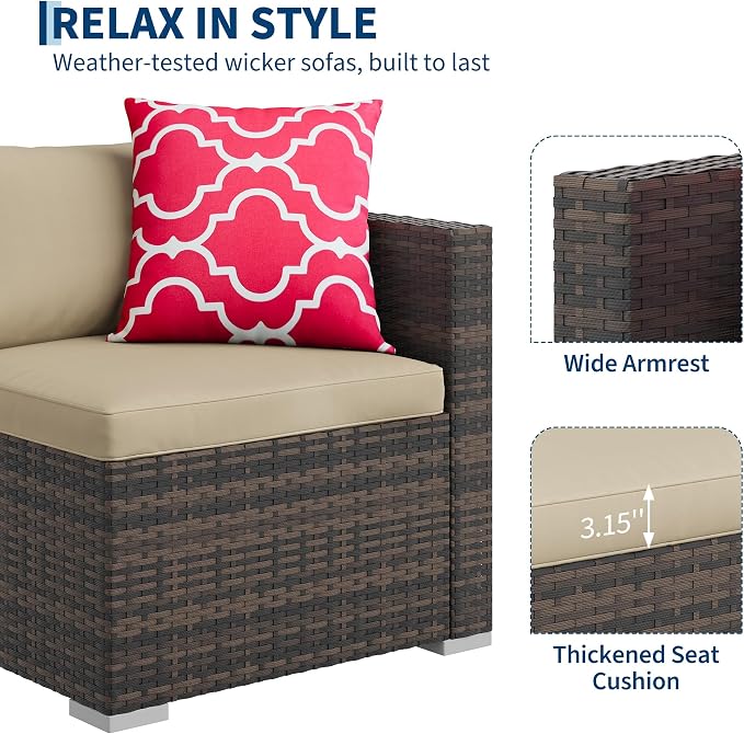 PeakPursuit Outdoor Patio Furniture Set, 5 Pieces Rattan Patio Conversation Sets with Glass Coffee Table and Cushion,All Weather Outdoor Patio Sofa for Garden, Poolside, Backyard,Khaki