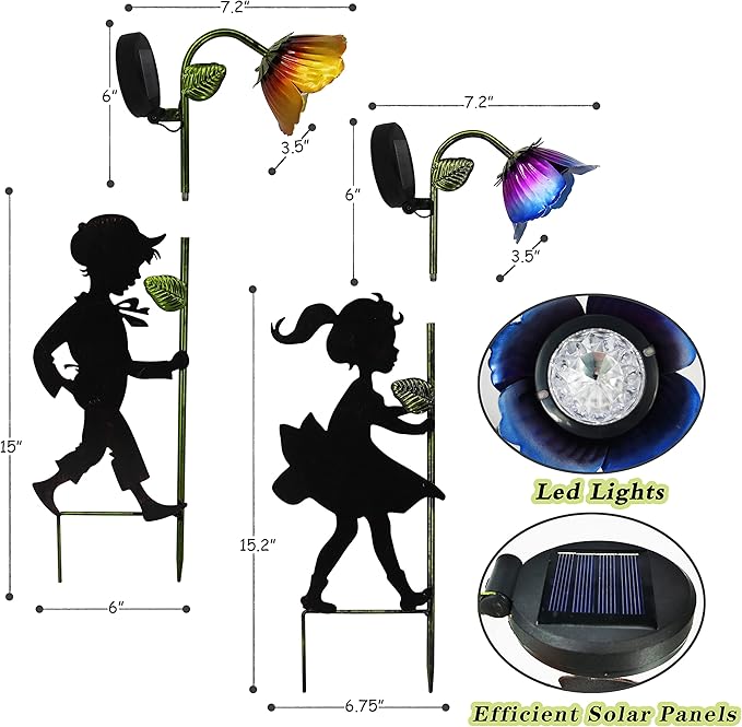 Solar Garden Lights 2 Pack, Boy Girl Silhouettes LED Landscape Lights, Metal Outdoor Decorative for Garden, Landscape, Path, Yard, Patio, Driveway