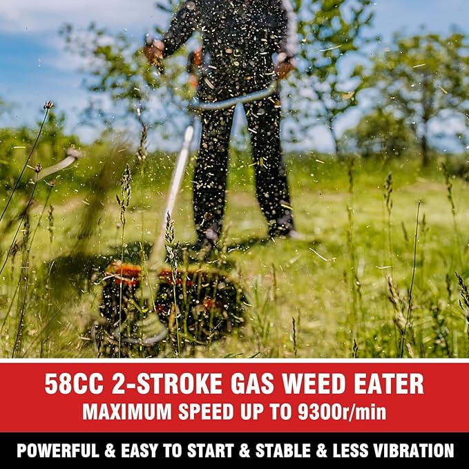 58CC Brush Cutter Gas Powered 2-Cycle 4 in 1 Gas Weed Wacker 18.5" Cutting Path Gas Weed Eater with 4 Detachable Heads Straight Shaft String Trimmer Grass Cutter Machine for Weeds and Grass, Red