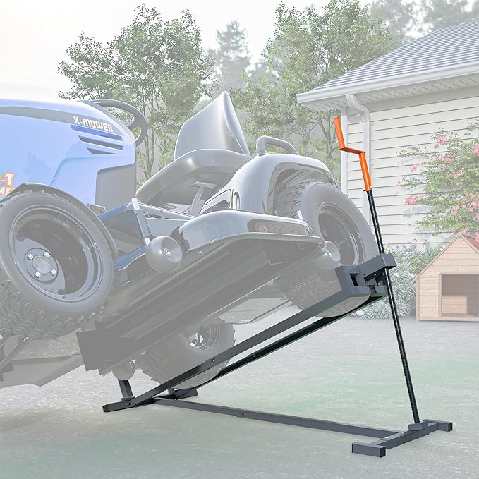 Ride on Lawn Mower Jack Lift, Telescopic Maintenance Jack for Lawn Mowers and Garden Tractors, Weight Capacity 880 Lbs, Lawn Mower Lift with Crank Handle & Power Tool Handle, Easy to Use (Grey)