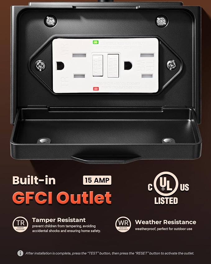 Gleamz Adjustable Time & Distance Motion Sensor Porch Light with GFCI Outlet, Modern Exterior Lighting Fixtures, Black Outdoor Lanterns for Porch, House, Patio, Garage, Waterproof, Aluminum, 1 Pack