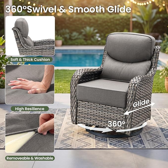 Luxury Patio Furniture Set with 6-inch Thick Cushion, Outdoor Furniture with Fire Pit Table, Swivel Chairs, Sofa, Side Table, Ottomans, 7pcs Wicker Conversation Set Grey Wicker | Grey Cushions