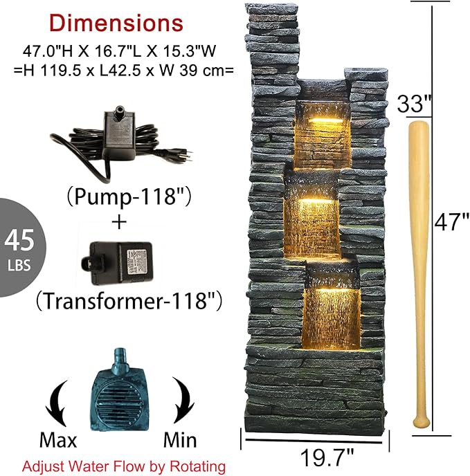 Bumilgar 47 in High Water Fountain Outdoor Garden 3 Tier Cascading Large Outdoor Fountains and Waterfalls with LED Lights for Garden, Patio, Backyard, Deck, Porch and Home Art Decor, Natural Stones