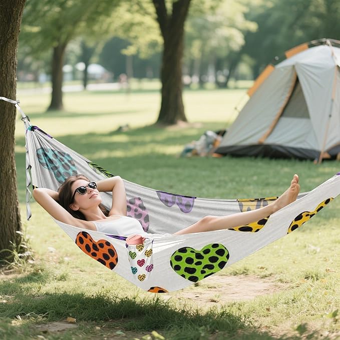 Cartoon Leopard Print Heart Colorful 330lb Capacity Outdoor Hammocks with Tree Straps Indoor Hammock for Camping Travel Accessories hamacas para adultos 2 Personas