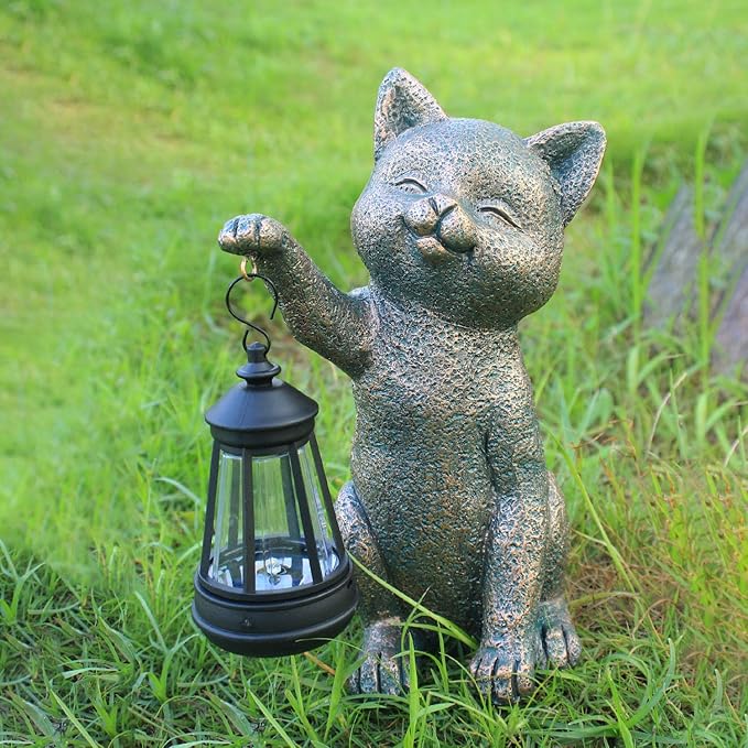 Solar Outdoor Cat Garden Statue,Outside Crafted Garden Sculptures & Statues for Patio, Yard, Lawn, Gardening Gifts for Women and Mom