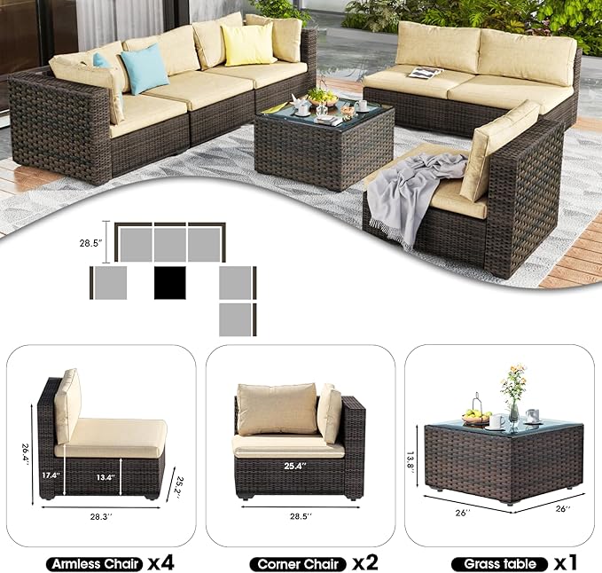 7 Pieces Outdoor Patio Furniture Set Wicker Sectional Sofa with Cushions & Tea Table Patio Rattan Conversation Chair Sofa Set Beige