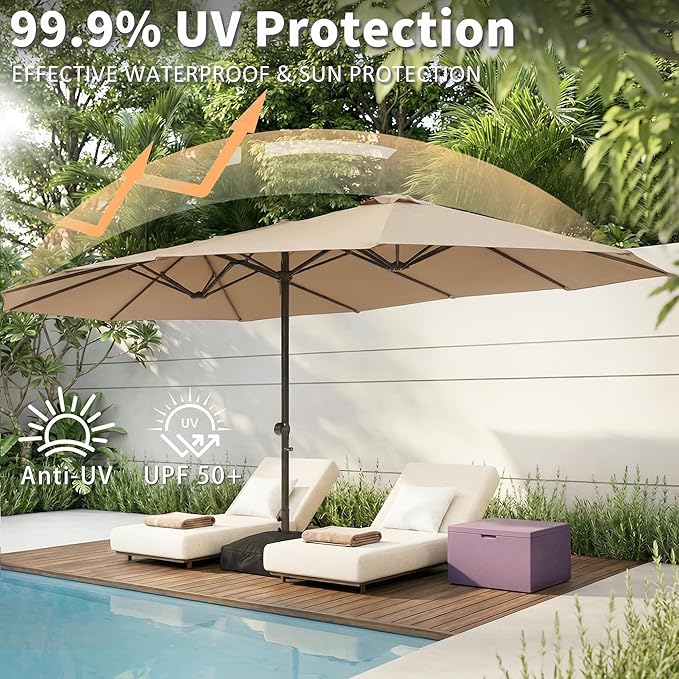 15FT Large Double Sided Patio Umbrella with Base, Aluminum Crank and Heavy Duty Carbon Steel Ribs Outdoor Umbrellas, Fade Resistant Rectangular Market Umbrella for Pool, Deck, Commercial, Backyard, Patio, Rental, Beige
