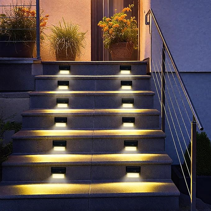 Bright Solar Fence Lights, 12 Pack Outdoor Step Lights, IP65 Waterproof, 3000K Warm-White, Dusk to Dawn Outdoor Lighting with 6 LED for Wall, Garage, Patio, Exterior, Porch