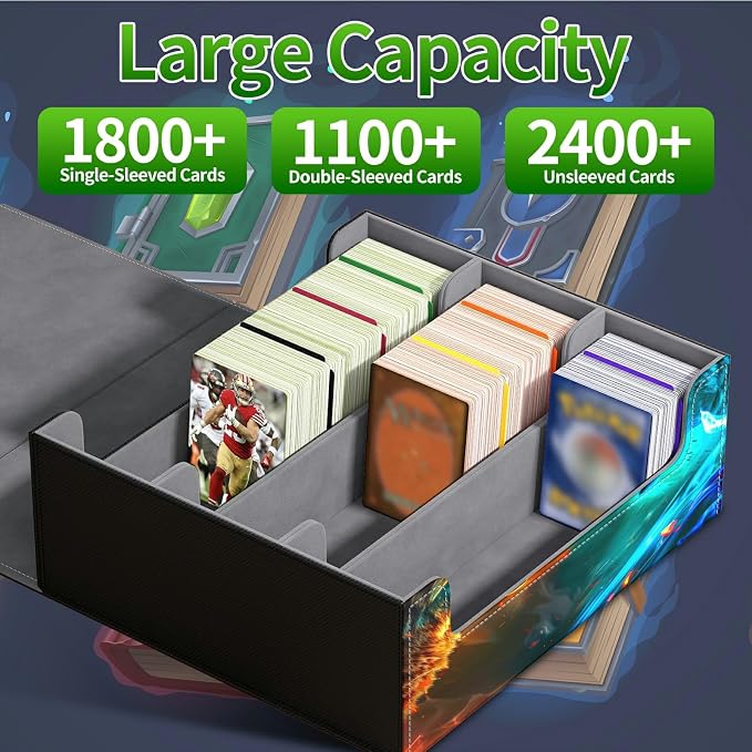Card Deck Box for MTG, Cards Storage Box Fits 120+ Sleeved, Leather Big Size Strong Magnetic Closing Case for Board Games Magic TCG CCG Baseball Collection Women Man, Two Flaming Wolves