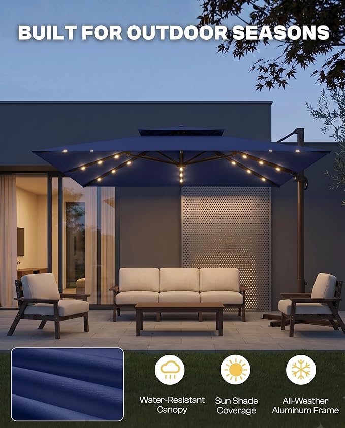 10FT Cantilever Patio Umbrella with Solar Lights, Large Outdoor 2 Tier Aluminum Offset Square Umbrellas 360 Degree Rotation for Garden Deck Pool