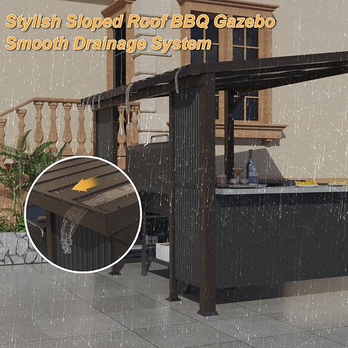 ALAULM 10'x 10' Hardtop Grill Gazebo, Outdoor BBQ Gazebo with Storage Shelves and Expansion Platform, Permanent Galvanized Steel Lean to Canopy with Grey-Black Metal Privacy Screen for Patio