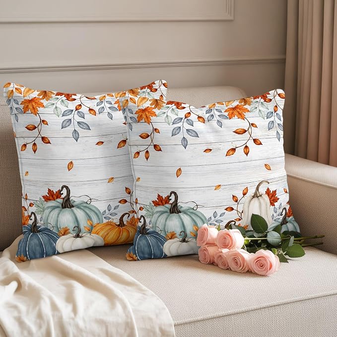 Fall Waterproof Outdoor Pillow Covers 18''x18'' Set of 2, Thanksgiving Maple Leaf Branch Vintage Wooden Patio Cushion Covers for Chairs,Decorative Blue Green Pumpkin Pillow Cases for Garden/Pool/Beach