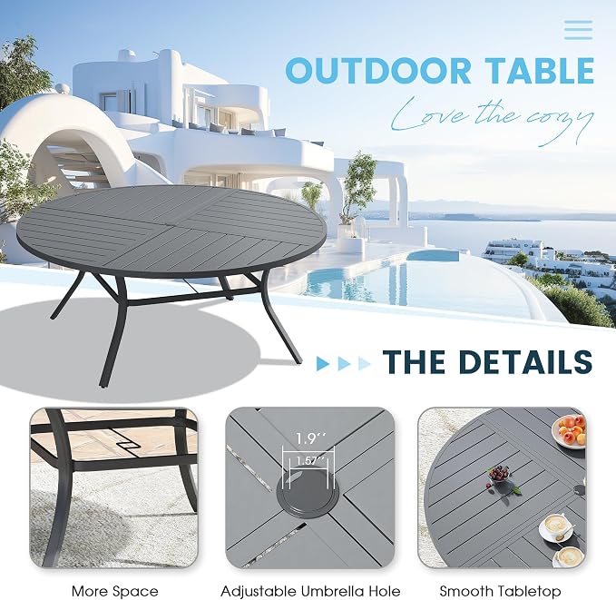 9 Pieces Patio Furniture Dining Set, 8 Textilene Swivel Dining Chairs, 60" Outdoor Round Metal Table with 1.57" Umbrella Hole, Outdoor Dining Set for Porch, Lawn, Garden, Grey/Grey