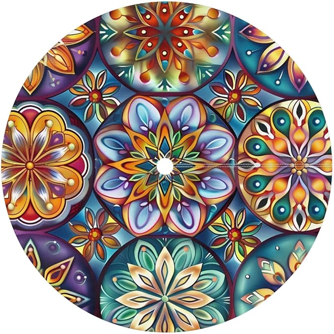 OSAM SPACE Outdoor Tablecloth with Umbrella Hole, Round Elastic Fitted Table Cloth with Invisible Zipper,Dark Colorful Mandala Flower Picnic Patio Table Cover 45-56in