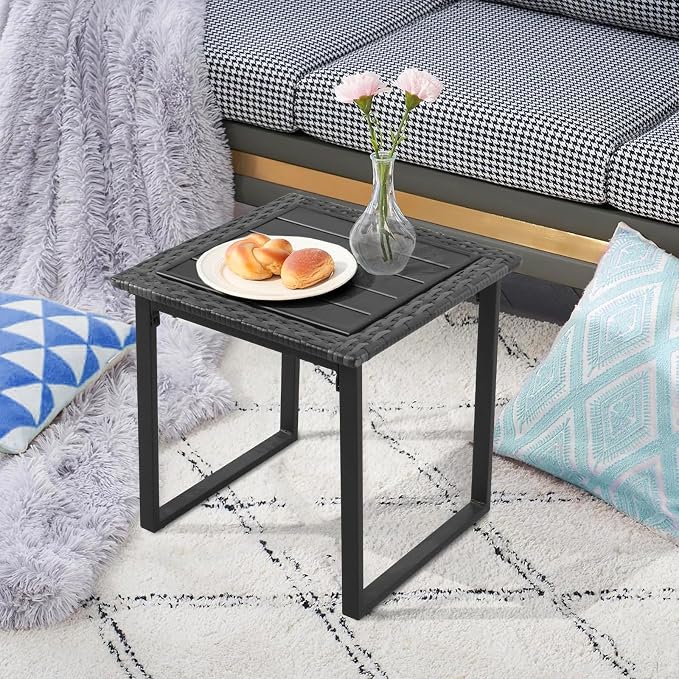 Wicker Outdoor Side Table for Patio, All Weather Small Square Rattan Outdoor End Table, Wicker Table for Outside Porch Balcony Lawn Garden Bistro, Black