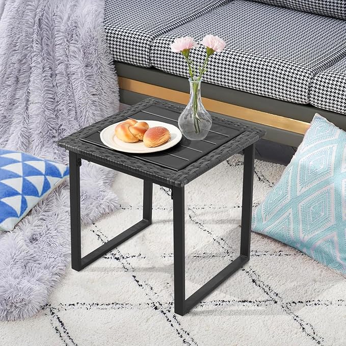 Wicker Outdoor Side Table for Patio Set of 2, 2 PCS Square Rattan Outdoor End Tables for Outside Porch Lawn Garden Balcony Pool Bistro, Black