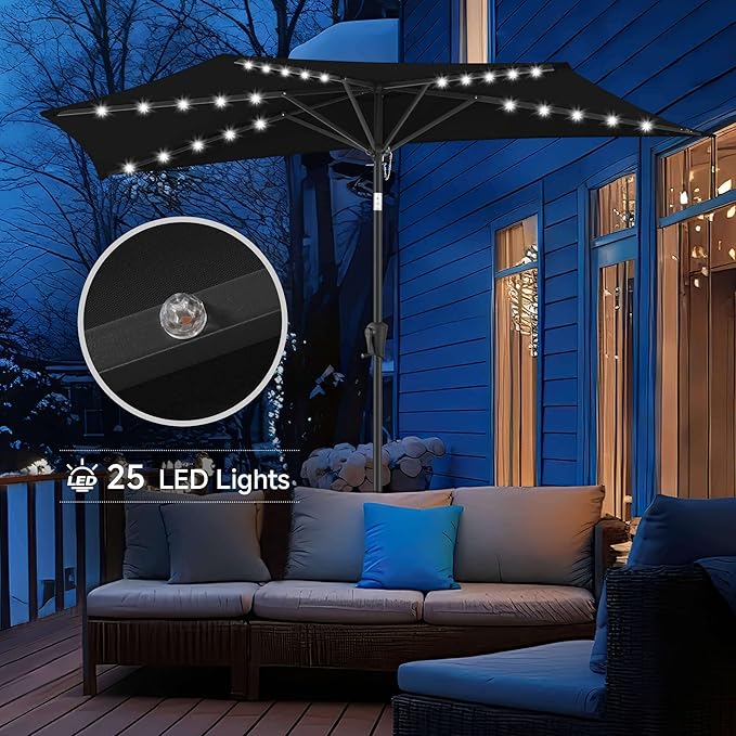 9FT Solar Half Umbrellas Outdoor - LED Half Patio Umbrella with 25 Lights, UV Protection Waterproof, Half Round Umbrella for Wall Balcony, Pool, Porch, Garden, Deck, Backyard, Black