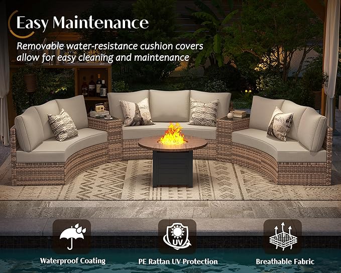 PaPaJet 11-Piece Patio Furniture Set, Half-Moon Outdoor Wicker Sectional Sofa with Large Storage Wedge Table, All-Weather Wicker Conversation Set for Backyard, Garden, or Deck, Beige