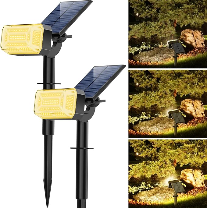 WENATY 102 LED Solar Spot Lights Outdoor Waterproof IP65, Adjustable Landscape Spotlights, [2 Pack/4 Modes] Auto On/Off Solar Powered Flood Lights for Outside Yard Garden Wall Pathway (Warm White)