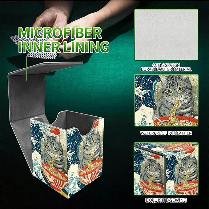 Wave Noodles Cat Card Deck Box for MTG, Personalized Card Storage Case Fits 120+ Sleeved Cards, Premium Leather TCG Box with Strong Magnetic Closure for Magic, CCG, PTCG, Baseball Cards