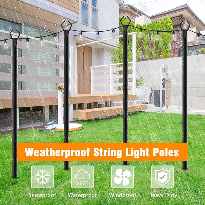LETIANPAI 4 Pack String Light Poles,10 Ft Light Poles for Outside String Lights,Outdoor Lights Pole with Fork,Metal Poles Stand for Patio Deck Backyard