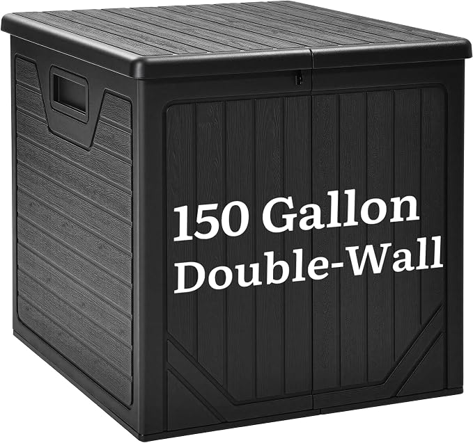 YITAHOME 150 Gallon Large Outdoor Deck Box, Lockable Resin Double-Wall Storage Box and Waterproof Patio Furniture Bin for Garden Tools & Pool Accessories, Black