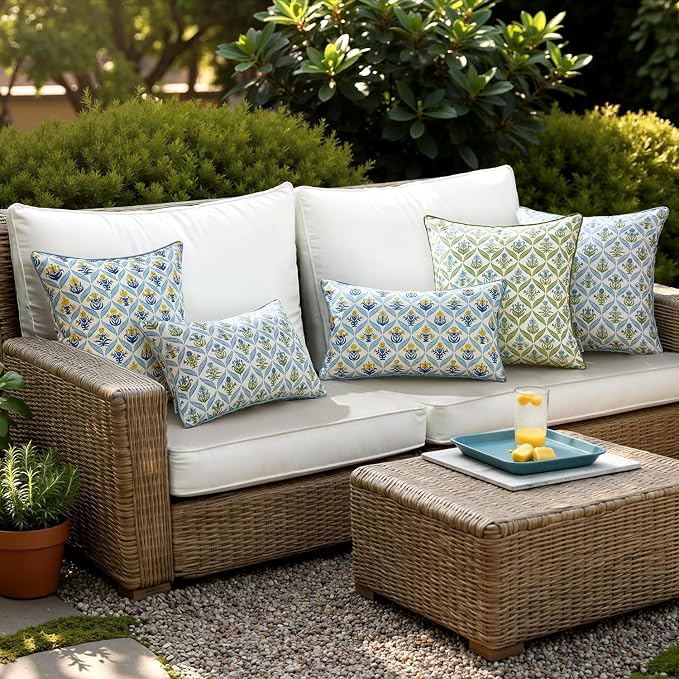 ANRODUO Floral Outdoor Waterproof Pillow Covers Set of 2 Yellow 16x16 Inch | Square Block Print Decorative Cushion Cases With Refined Edge Piping for Summer Patio Porch Garden Couch Sofa Bench Decor