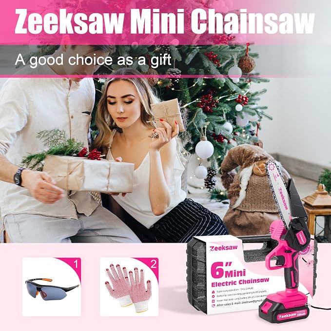 Pink Mini Chainsaw Cordless 6 inch - Electric Hand Held Chain Saw Battery Powered with Power Indicator - Rechargeable Portable Small Chainsaw for Women, Yard Tools Gifts for Gardeners Woman