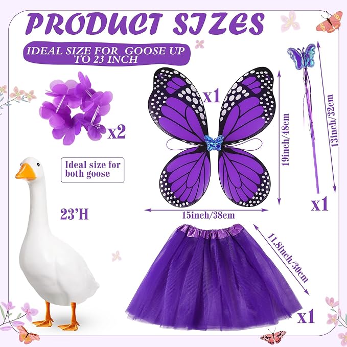 5pcs Butterfly Porch Goose Outfit Costume Tutu Skirt Butterfly Wing Wand Flower Crown for 17‘' 23‘' Cement Goose