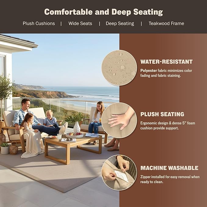 Kinger Home Ezra 4-Piece Deep Seating Teak Wood Patio Furniture Set, Cushioned Loveseat, Armchairs and Coffee Table