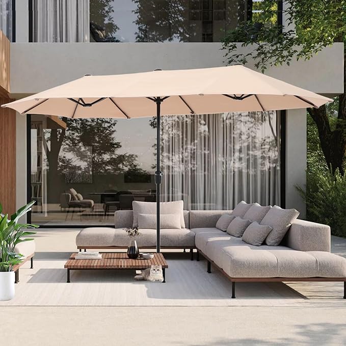 PHI VILLA 13 ft Outdoor Patio Umbrella, Large Rectangular Double Sided Market Table Twin Umbrellas with Crank Handle for Deck Pool(Beige)