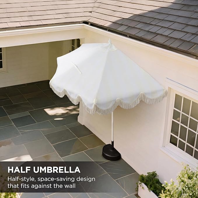 JONATHAN Y Beverly 9 ft. Coastal Cream and White Striped Half Patio Umbrella with Scalloped Fringe, Crank Lift, and Manual Tilt for Balcony, White Pole UMB1201K