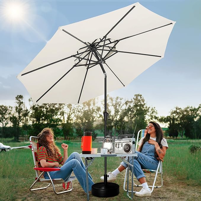 FLAME&SHADE 9ft Patio Umbrella - 2 Tiers Outdoor Umbrella with Push Button Tilt and Crank for UV Protection, Table Market Umbrella for Garden, Deck, Backyard, Pool and Beach(Ivory)