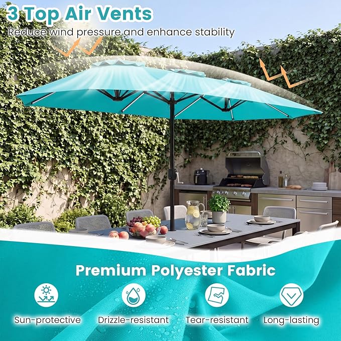 Tangkula 13 Ft Solar Patio Umbrella, Double-Sided Extra Large Outdoor Market Table Umbrella with Multi-Colored Flowing LED Lights, Crank Handle, 12 Sturdy Ribs for Poolside, Garden & Backyard (Turquoise)