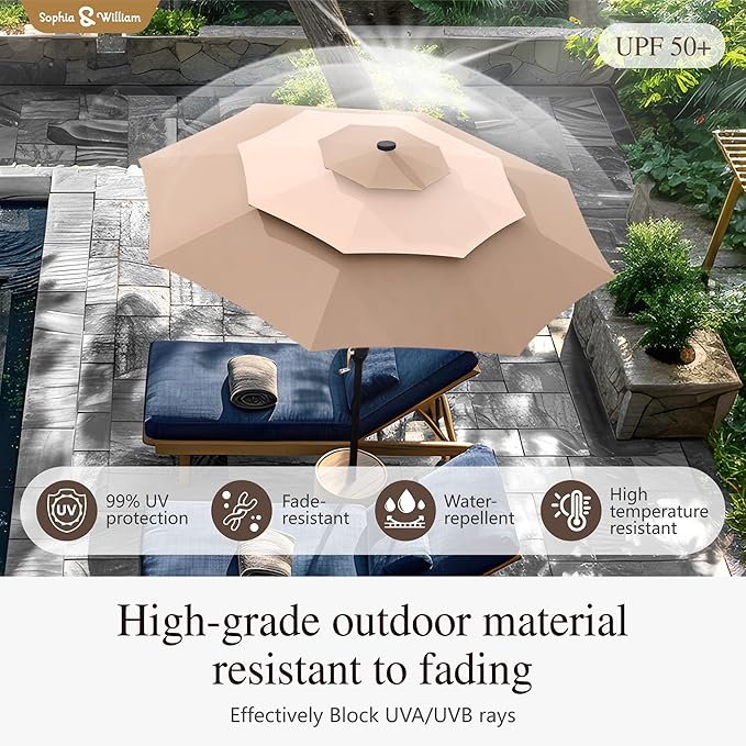 Sophia & William 10ft Patio Umbrellas 3-Tier Umbrella Outdoor Patio Umbrellas with Lights Vented Top 24 LED lights Adjustable Tilt for Pool Garden Backyard, Mixed Beige