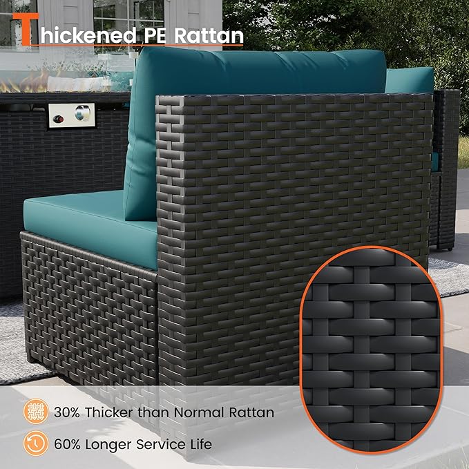 8 Piece Patio Furniture Set with 43" Fire Pit Table, Outdoor Sectional Wicker Rattan Sofa Set with Coffee Table (Peacock Blue/Black)