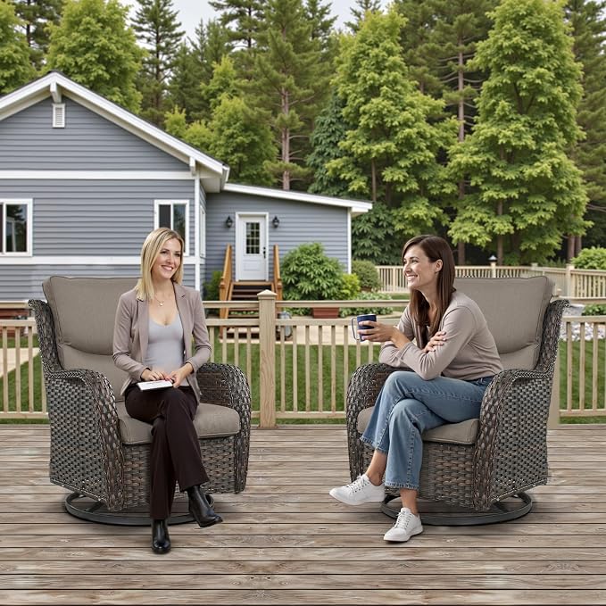 Outdoor Swivel Rocker Patio Chairs Set of 4 with Fire Table - 5" Thick Cushion 5 Piece Furniture Set with Fire Pit Table All Weather Wicker Conversation Set for Porch Deck - Brown/Gray