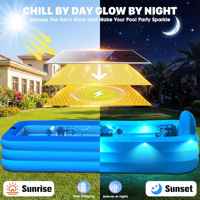 Extra Large Inflatable Pool with Lights,Upgraded Solar Powered Blow Up Pool for Adults,Inflatable Kids Swimming Pool with Seat& Backrest,Big Inflatable Kids Pool for Backyard,120x73x20IN-Blue