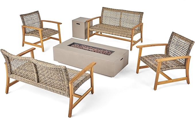 Christopher Knight Home Outdoor 6 Piece Acacia Wood and Wicker Conversation Set with Fire Pit, Gray and Light Gray