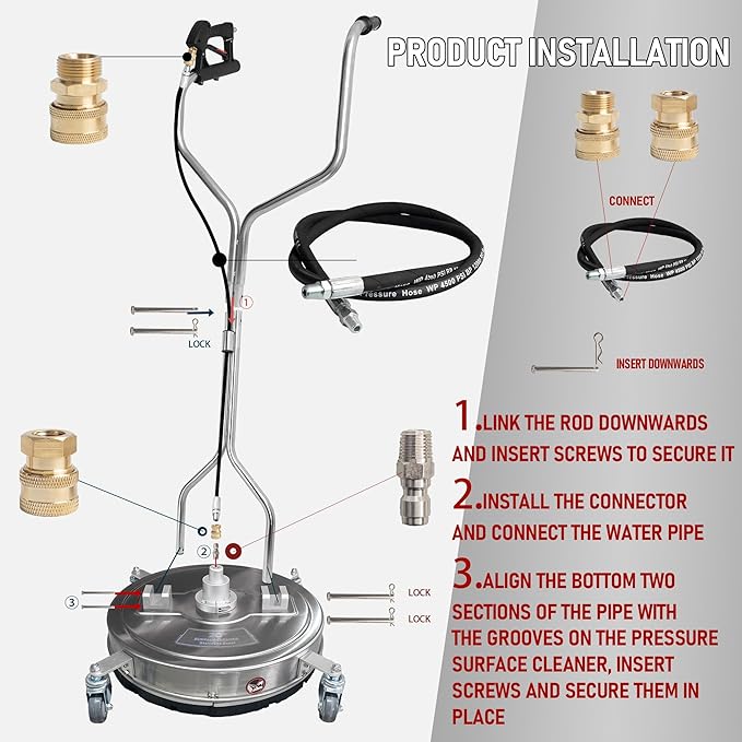 Hourleey 20" Pressure Washer Surface Cleaner with Dual Handles, Stainless Steel Surface Cleaner with 4 Wheels for Driveways, Pathway, Sidewalks, Patios, Decks, 4500 PSI with 3/8" Quick Connector Kit