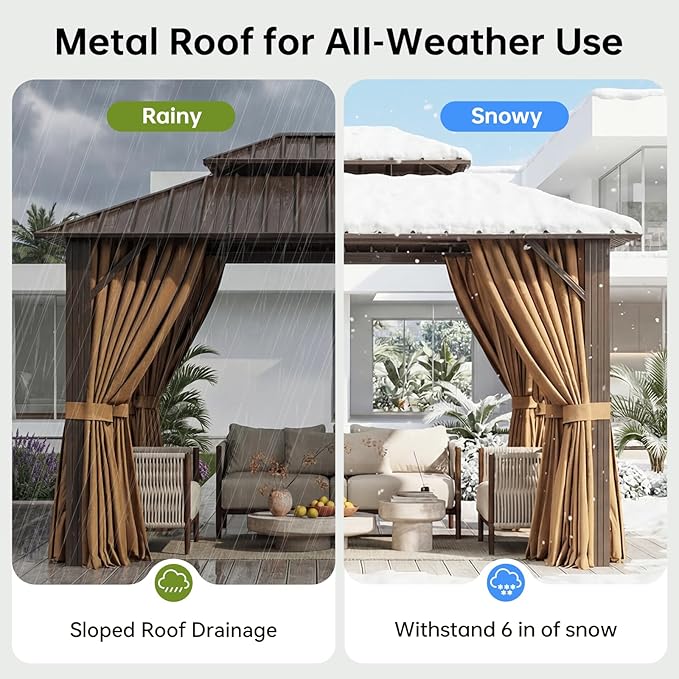 10x12FT Hardtop Gazebo with 20IN Ceiling Fan, Metal Frame with Double Galvanized Steel Roof, Permanent Outdoor Pergola for Backyard, Patio, Lawn and Garden, Brown