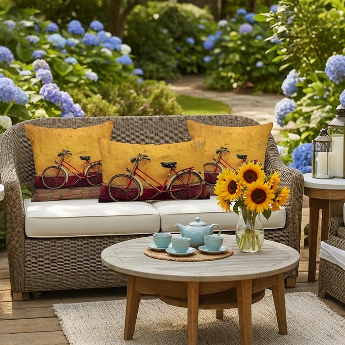 Bicycles Outdoor Pillow Covers 26x26 Inch Throw Pillow Covers Set of 2 Waterproof Decorative Pillow Cases Farmhouse Vintage Vehicle Yellow Broken Walls Cushion Covers for Patio Furniture Garden Couch